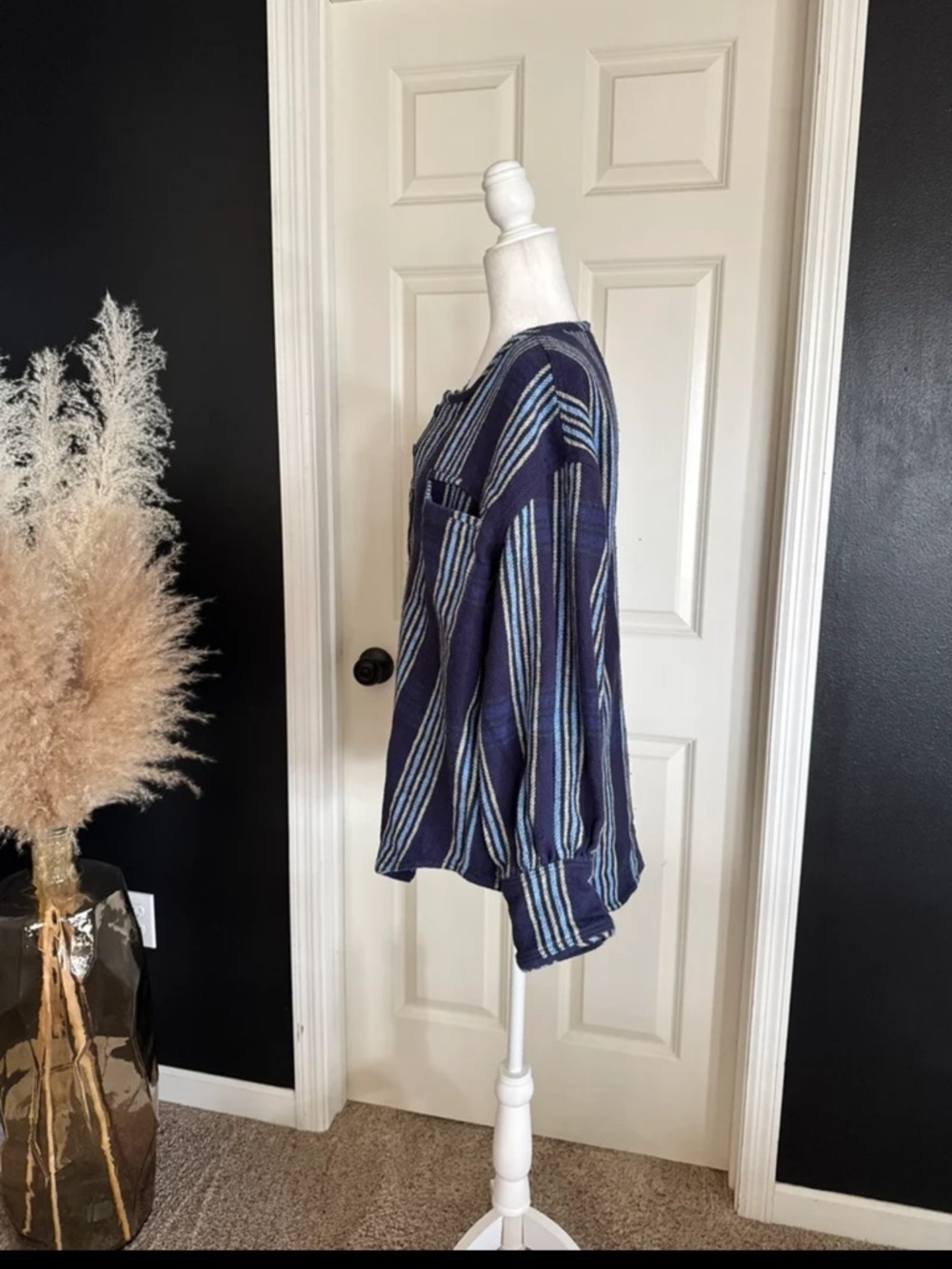 FREE PEOPLE We The Free Denim Dreaming Pullover in Blue Stripe oversized Small - Picture 5 of 12